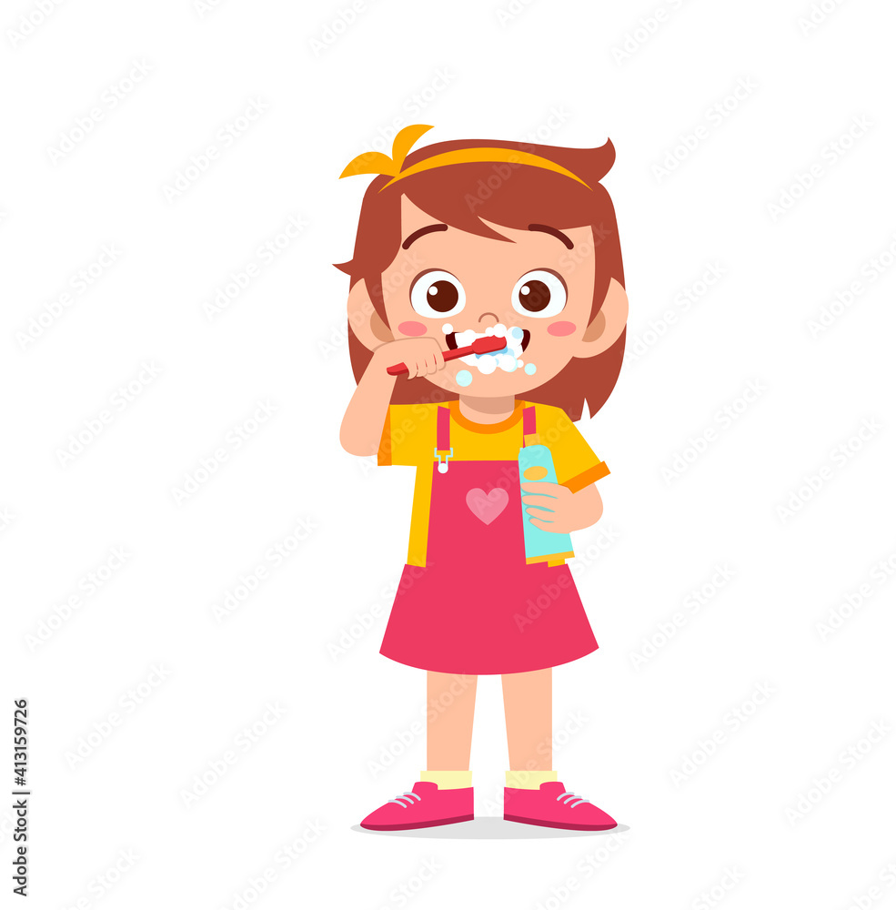 cute little girl brushing teeth and holding toothpaste cute little girl brushing teeth and holding toothpaste