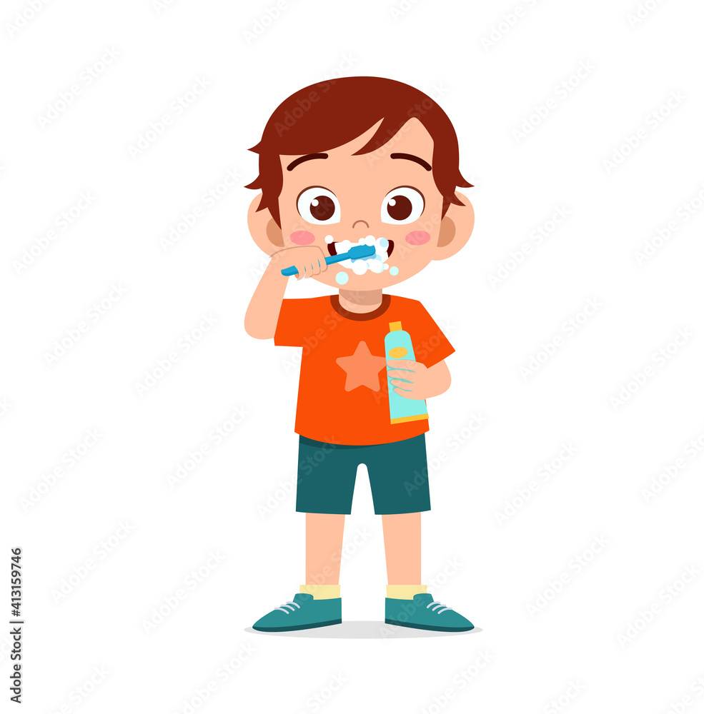 cute little boy brushing teeth and holding toothpaste