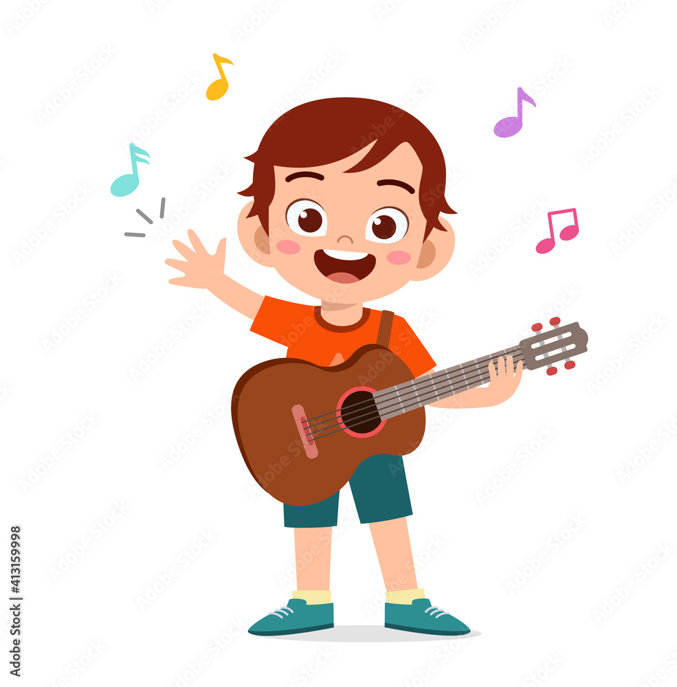 cute little boy play guitar in concert