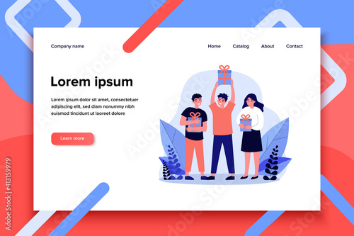 Smiling happy people holding gift boxes. Men and woman getting presents or prizes flat vector illustration. Holiday and lottery concept for banner, website design or landing web page