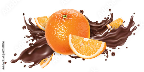 Splash of liquid chocolate and fresh oranges.