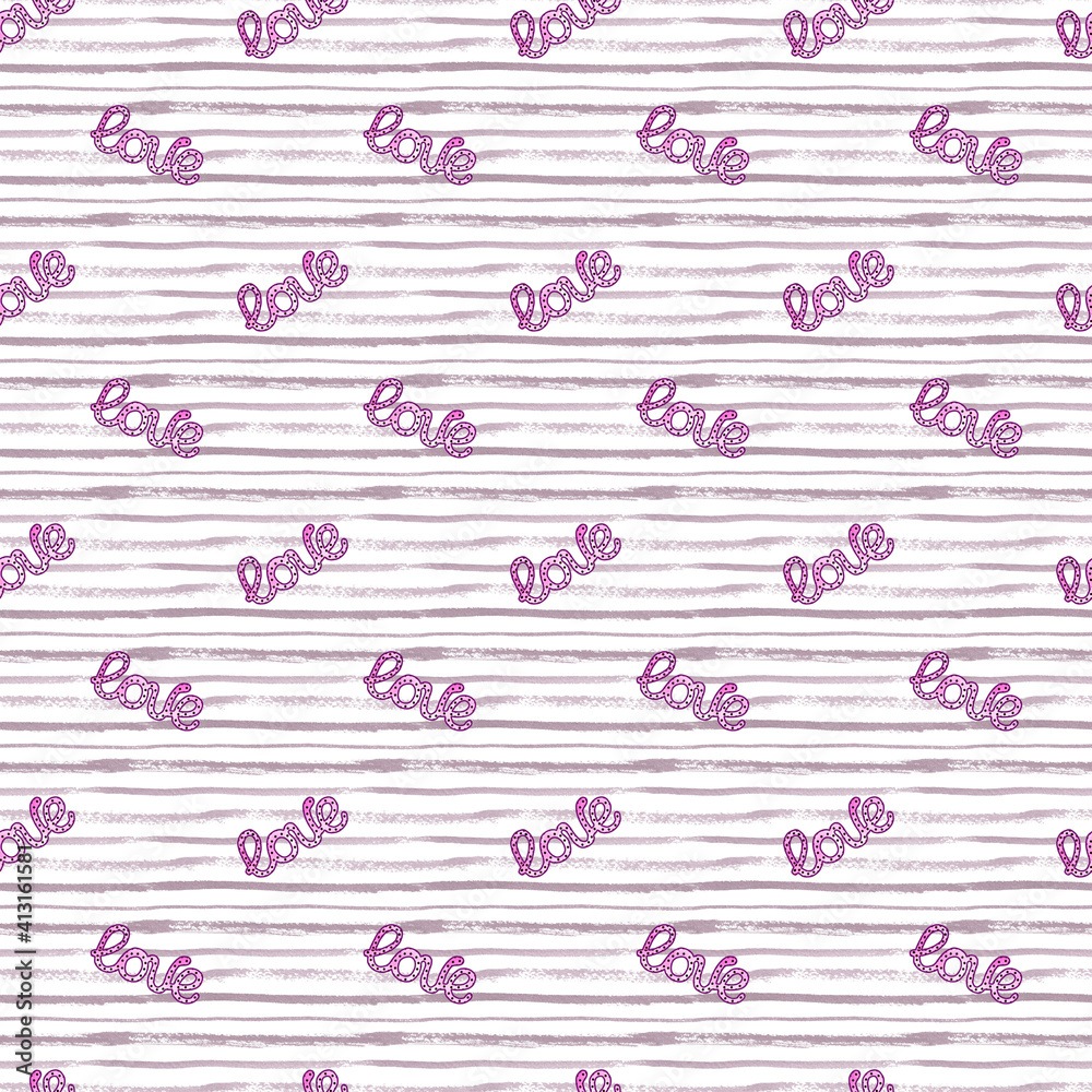Seamless pattern with word Love on stripped white and grey background. Romantic hand painted watercolor illustration.