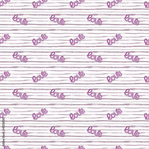 Seamless pattern with word Love on stripped white and grey background. Romantic hand painted watercolor illustration.