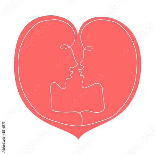 Fototapeta Naklejka Na Ścianę i Meble -  Abstract kiss, a couple of lovers, inscribed in a big heart. We're connected. Line art, doodle, vector. For ad poster or card print, t-shirt, wedding, Valentines Day, february 14