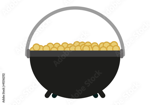Pote negro con monedas doradas en fondo blanco.