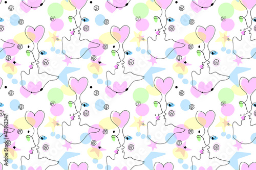 Seamless pattern with abstract kissing couple. Abstraction, line art, flat design. Vector texture background, decoration for card print, wedding, Valentines Day, love theme