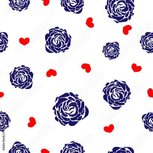 Seamless pattern blue roses and little red hearts on white background. Girly Valentine day big flowers wall paper, vector eps 10