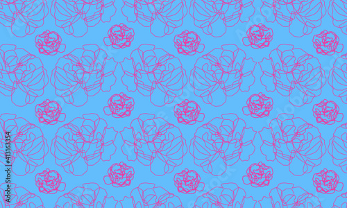 Vector seamless pattern pink peonies on light blue background art line modern pattern 