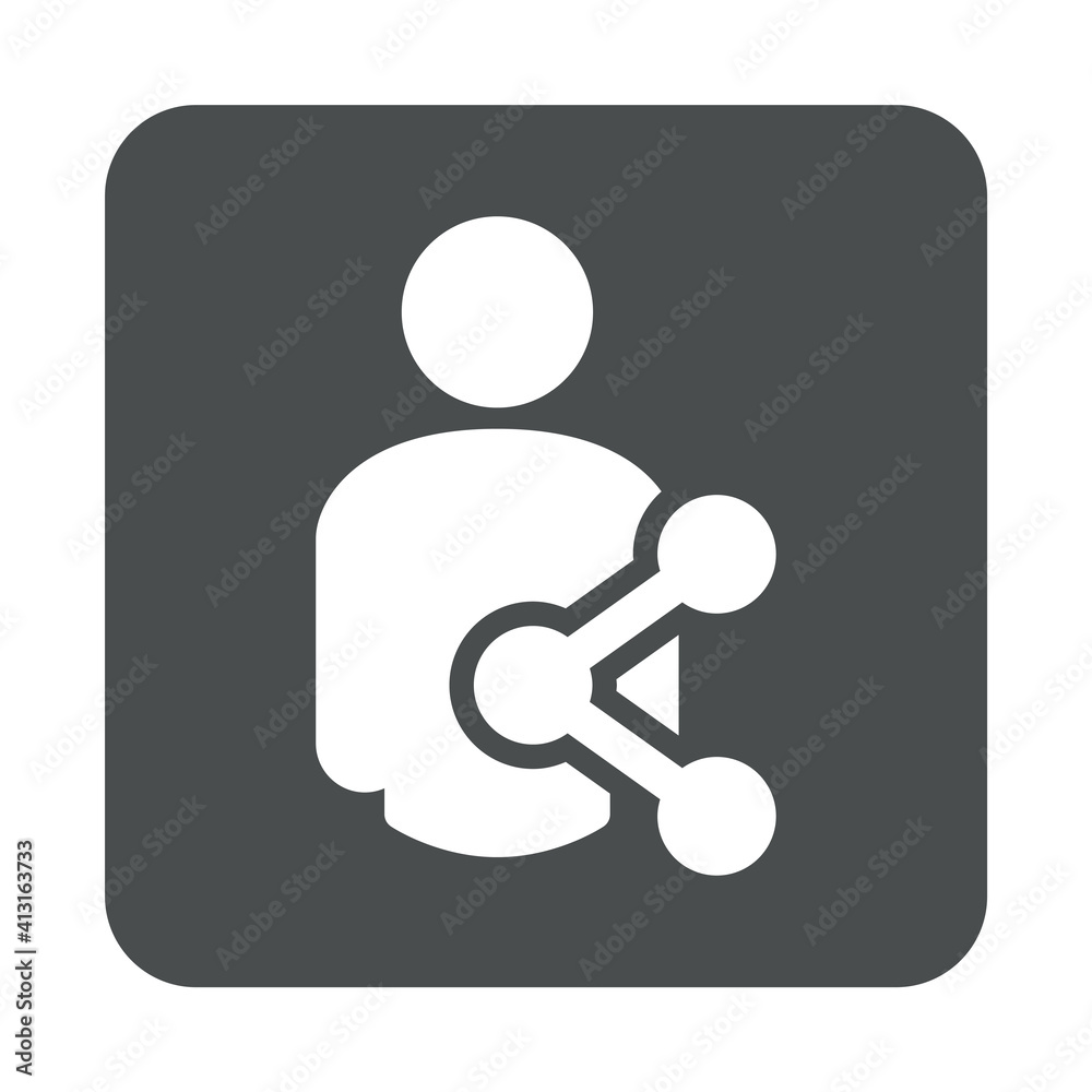 Logotipo con silueta de hombre con símbolo compartir en red social en cuadrado color gris Logotipo con silueta de hombre con símbolo compartir en red social en cuadrado color gris