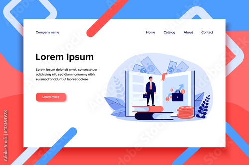Tiny businessman learning finance course. Money, growth, book flat vector illustration. Education and investment concept for banner, website design or landing web page