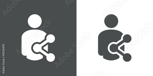 Logotipo con silueta de hombre con símbolo compartir en red social en fondo gris y fondo blanco