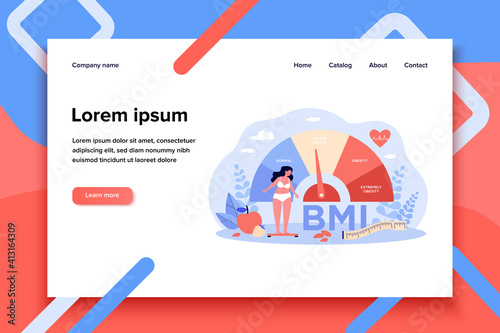 Woman and obese chart scales isolated flat vector illustration. Cartoon person on diet trying weight control with BMI. Body mass index and fitness exercise concept
