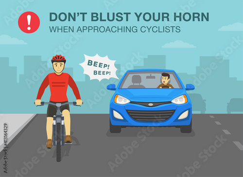 Aggressive and angry car driver is honking horn for no reason. Front view of a sedan car and cyclist on a bicycle. Don't blust your horn when approaching cyclists. Flat vector illustration template.