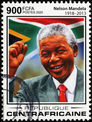 Nelson Mandela and South African flag on stamp photo