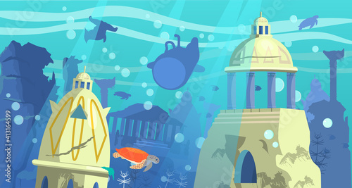 Vector illustration of  sunken city of Atlantis with bathyscaphe, underwater animals  and rocks on the background.