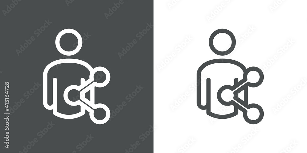 Logotipo con hombre con símbolo compartir en red social con lineas en fondo gris y fondo blanco - obrazy, fototapety, plakaty 