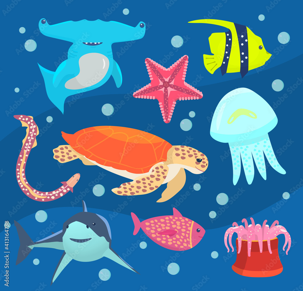 Vector set on underwater world theme. Underwater animals set .