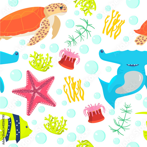 Vector seamless pattern on underwater theme on dark blue background. Underwater animals and plants.