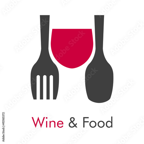 Logotipo con texto Wine & Food con tenedor y cuchara con forma de copa de vino en color gris y granate	