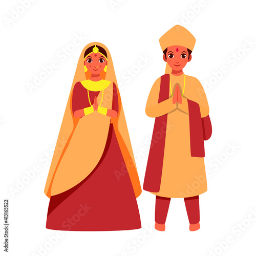 Vector Illustration Of Indian Wedding Couple Doing Namaste On White Background.