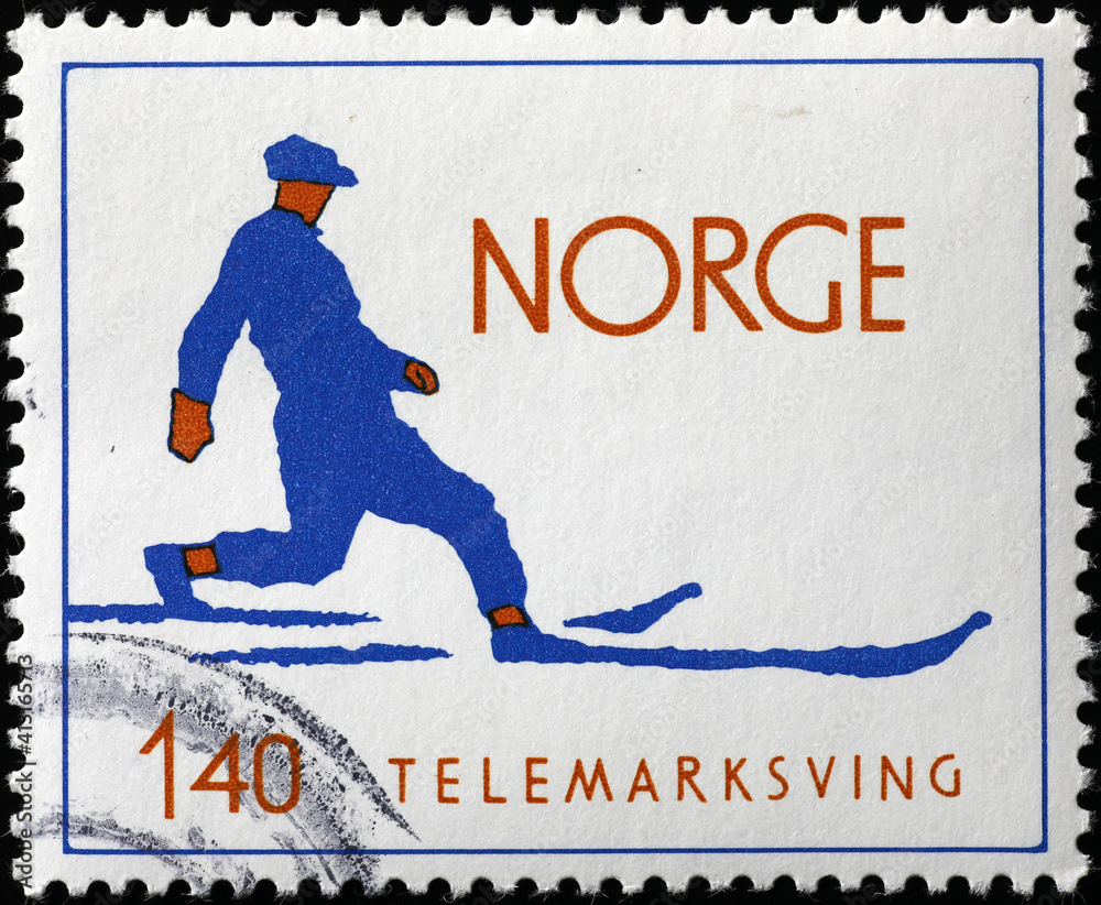 Telemark, traditional norwegian tecnique of skiing, on postage stamp