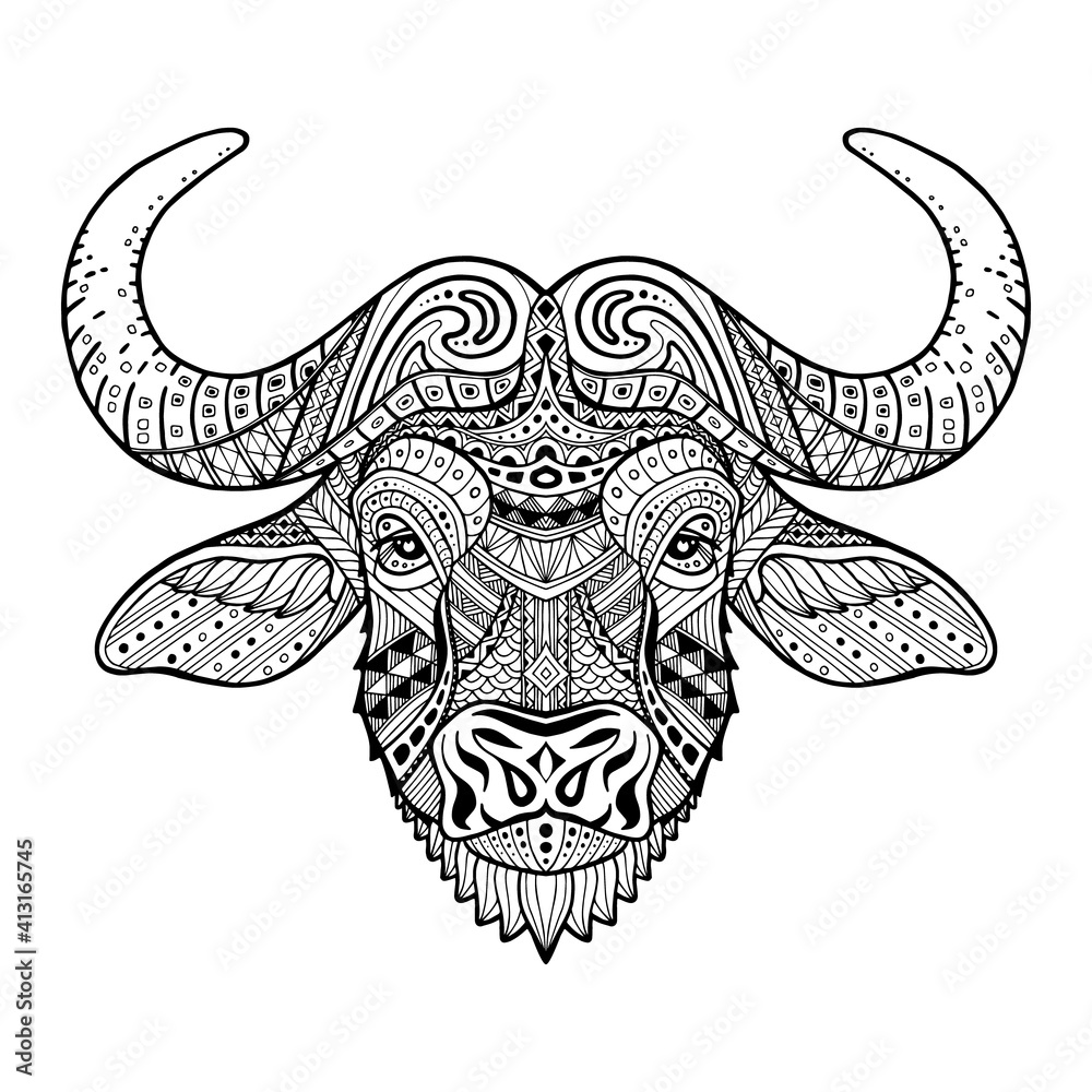 African buffalo. Patterned head bull, bison. Style zentangle. Monochrome tribal ornament painted by hand. Series ethnic animal. African, indian design. May be used for design of a t-shirt. Logo. Icon