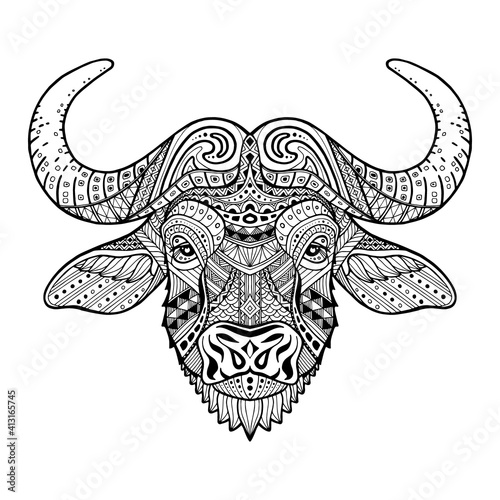 African buffalo. Patterned head bull, bison. Style zentangle. Monochrome tribal ornament painted by hand. Series ethnic animal. African, indian design. May be used for design of a t-shirt. Logo. Icon