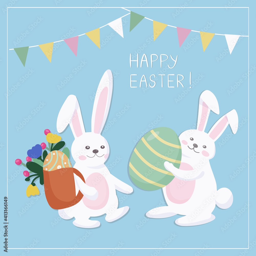 Easter card with two rabbits. Cute bunnies give each other holiday gifts in the form of colored eggs. Colorful egg shells. Symbols of the Great Easter holiday. Vector illustration Easter card with two rabbits. Cute bunnies give each other holiday gifts in the form of colored eggs. Colorful egg shells. Symbols of the Great Easter holiday. Vector illustration