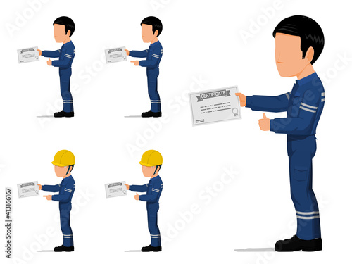 set of an industrial worker is holding certificate