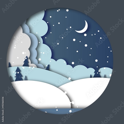 Paper effect illustrator winter. night. snowflakes. Christmas trees
