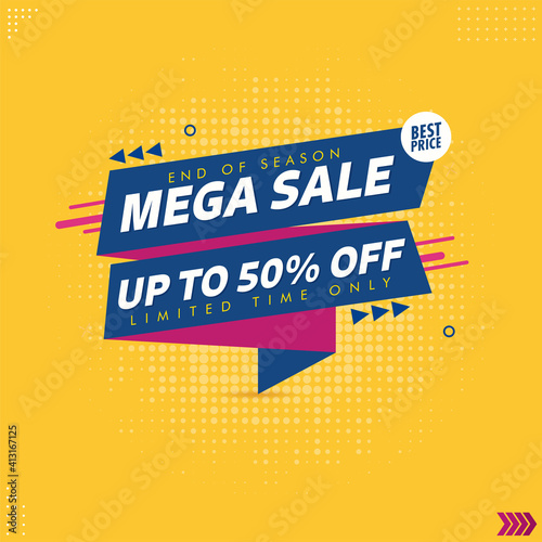 UP TO 50% Off For Mega Sale Poster Design In Yellow And Blue Color.