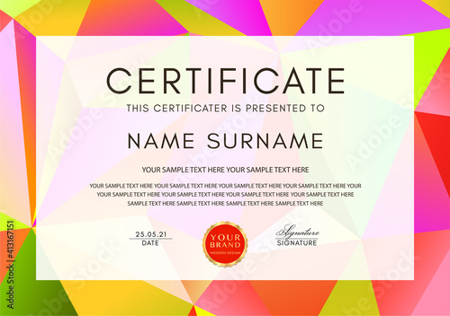 Certificate template with geometry polygon pattern (triangle texture) frame on background. Design for Diploma, certificate of appreciation or award
