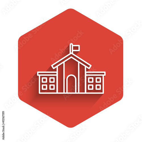 White line United States Capitol Congress icon isolated with long shadow. Washington DC, USA. Red hexagon button. Vector.