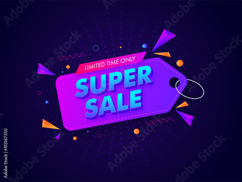 Gradient Super Sale Text With Tag, 3d Triangle Elements On Blue Backgroound. Can Be Used As Poster Design.