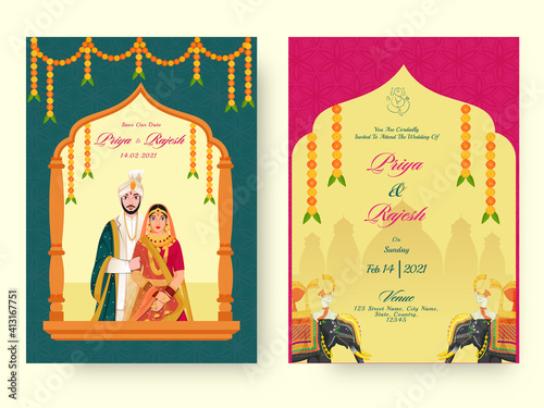 Front And Back View Of Wedding Invitation Card Design With Indian Couple Character In Traditional Attire.