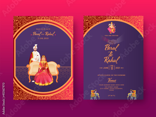 Front And Back View Of Indian Wedding Invitation Card With Hindu Couple Character In Traditional Dress.