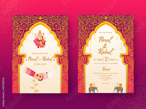 India Wedding Invitation Card With Couple Hands And Venue Details In Front And Back View.