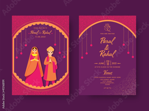 Wedding Invitation Card Design With Indian Couple Character In Pink And Purple Color.
