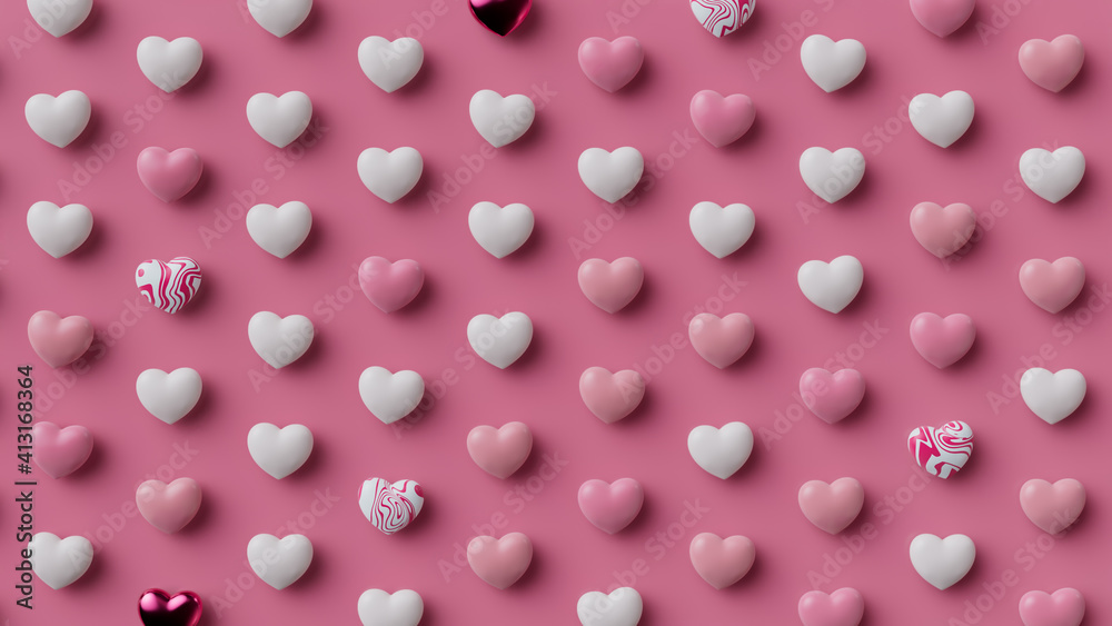 Multicolored Heart background. Valentine Wallpaper with Pink, White and Metallic love hearts. 3D Render Multicolored Heart background. Valentine Wallpaper with Pink, White and Metallic love hearts. 3D Render