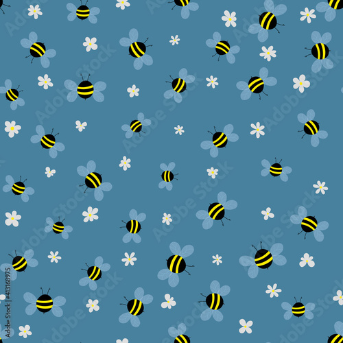Seamless pattern with bees and flowers on beige background. Adorable cartoon wasp characters. Template design for invitation, cards, textile, fabric. Doodle style. Vector stock illustration