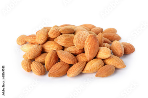 Heap of tasty almond isolated on white background