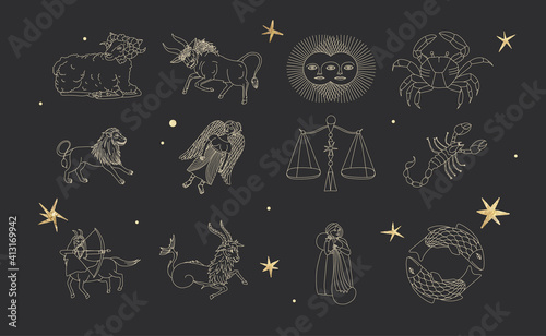 vintage vintage retro engraving style. zodiac sign and astrology. printing on gold foil