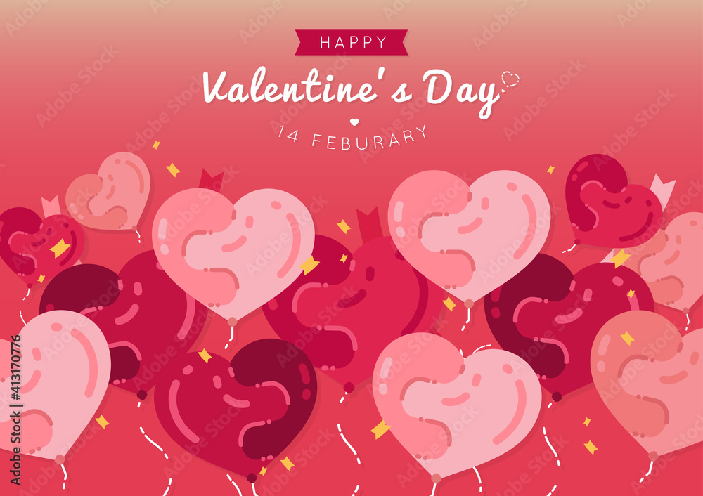 Happy Valentine's Day with heart balloon, Pack of flat vector hearts in red colour tone style