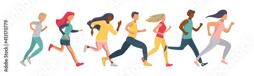 People are running a marathon. Men and women of different nationalities go in for sports together. Participation in sports races, athletic competitions. Run. Flat style on an isolated white background