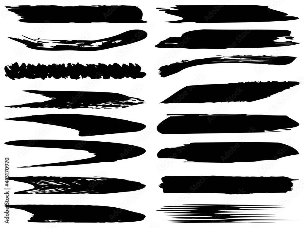 Vector collection of artistic grungy black paint hand made creative brush stroke set isolated on white background. A group of abstract grunge sketches for design education or graphic art decoration Vector collection of artistic grungy black paint hand made creative brush stroke set isolated on white background. A group of abstract grunge sketches for design education or graphic art decoration