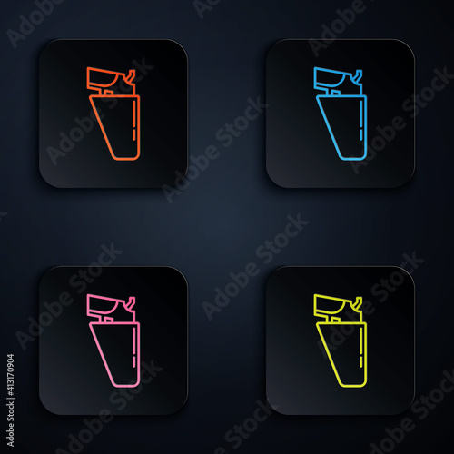 Color neon line Revolver gun in holster icon isolated on black background. Set icons in square buttons. Vector.