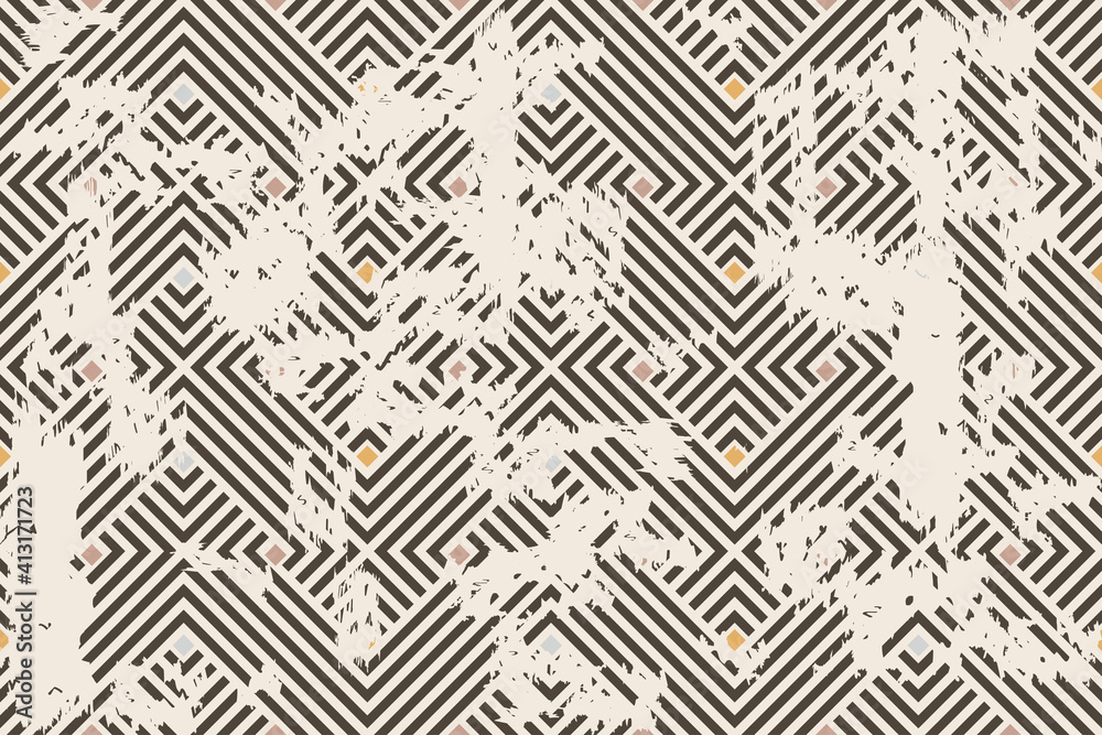Seamless geometric pattern with an effect of attrition. Abstract retro vector texture. Vintage shabby carpet. Lattice graphic design. Vector tiles pattern in brown and beige. Seamless geometric pattern with an effect of attrition. Abstract retro vector texture. Vintage shabby carpet. Lattice graphic design. Vector tiles pattern in brown and beige.