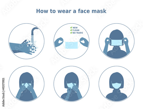 Vector illustration 'How to wear a face mask'. 6 icons set. Woman demonstrates correct face mask wearing step by step. Instruction for health posters and banners.