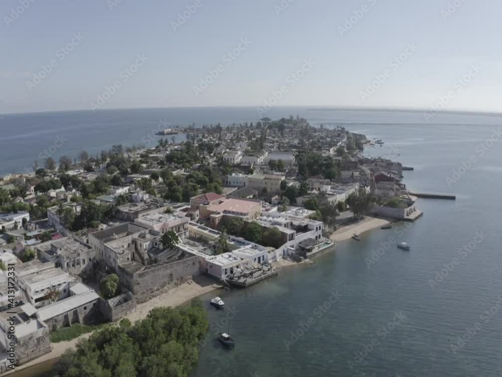 A drone flight over the island of Mozambique. Africa, sea and village A drone flight over the island of Mozambique. Africa, sea and village