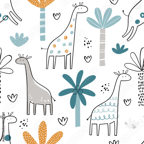 Vector hand-drawn colored childish seamless repeating simple pattern with cute giraffes and palm trees in scandinavian style on a white background. Cute baby animals. Pattern for kids with giraffes.